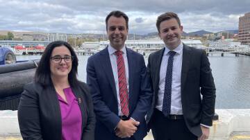 Dean Winter (R) unveiled his new shadow cabinet in Hobart on Tuesday alongside Ella Haddad and Josh Willie. Picture by Ben Seeder