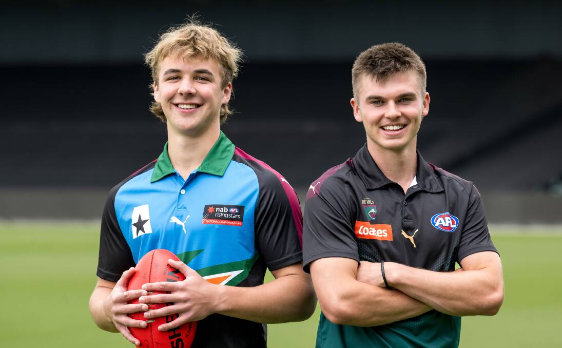 Tasmanian AFL draftees Ryley Sanders and Colby McKercher. Picture by Phillip Biggs