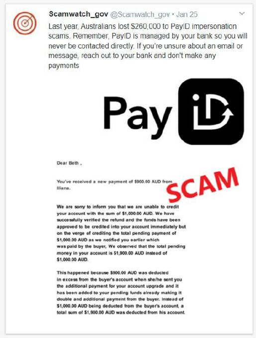 A copy of the PayID scam email shared by Scamwatch. Picture by Scamwatch