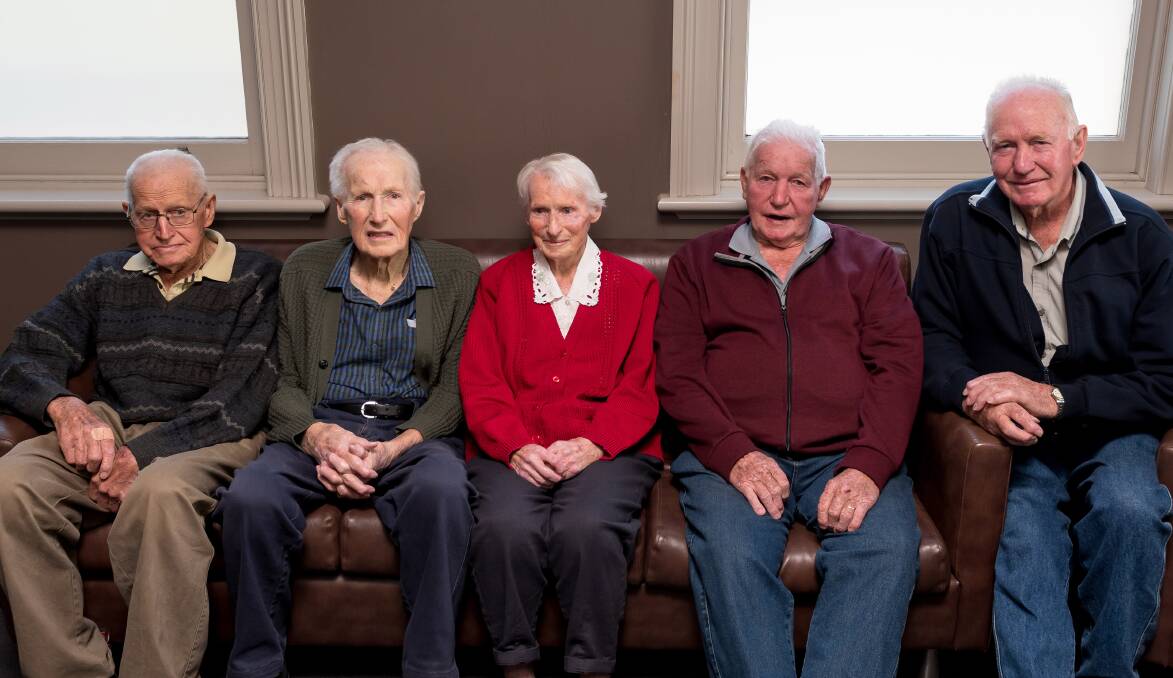 Graham and Neil Johnston (86, 88), with Joan Broomhall (89), as well as Brian and Noel Johnston (80, 82), in Deloraine. Picture by Phillip Biggs
