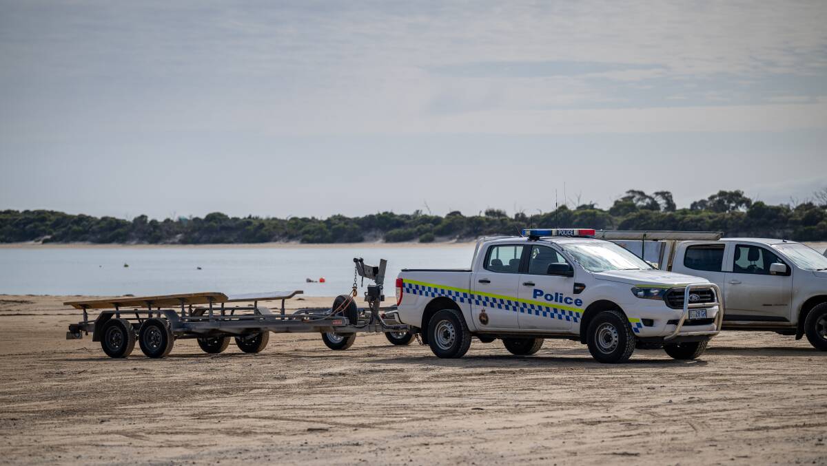 A police vehicle at the Port Sorell boat ramp as search efforts for missing man Kerry Frankcombe continue. Picture by Katri Strooband.