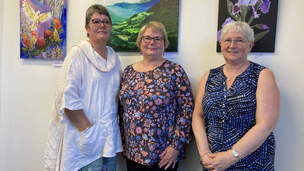 AT HOME: Carlene Bullock, Susie Shaw and Lynne Hutchins in the art new studio. Picture: Bec Pridham