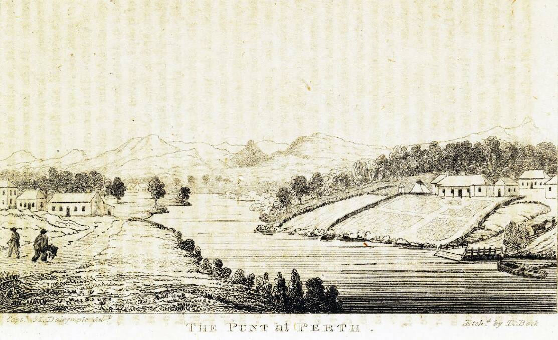 An 1830 etching by colonial artist Thomas Bock of the punt at Perth. On the right, guarding the punt is the military station, while Perths first houses are on the left. Picture by State Library of Tasmania.