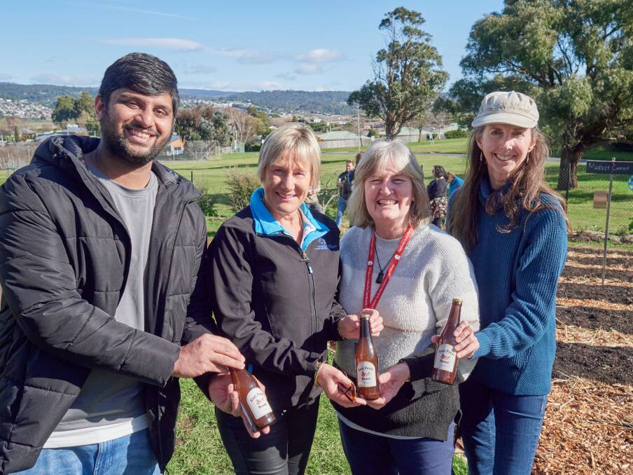 FaRM project officer Ammar Nisthat, TCF's Sally Darke, Trish O'Duffy and Sandy Murray for UTAS with some 'Eezi Peezi Sauce'. Picture by Rod Thompson