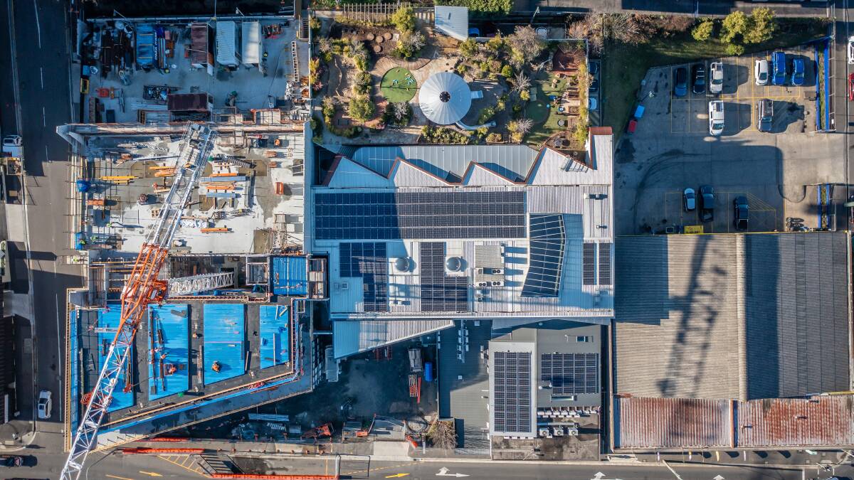 An overhead view of construction work at the Launceston Health Hub. Picture by Craig George