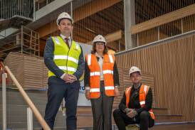 Labor leader Dean Winter, Launceston Chamber of Commerce chief executive officer Alina Bain and Launceston mayor Matthew Garwood at the Shed - UTAS' new building at Inveresk. Picture by Craig George
