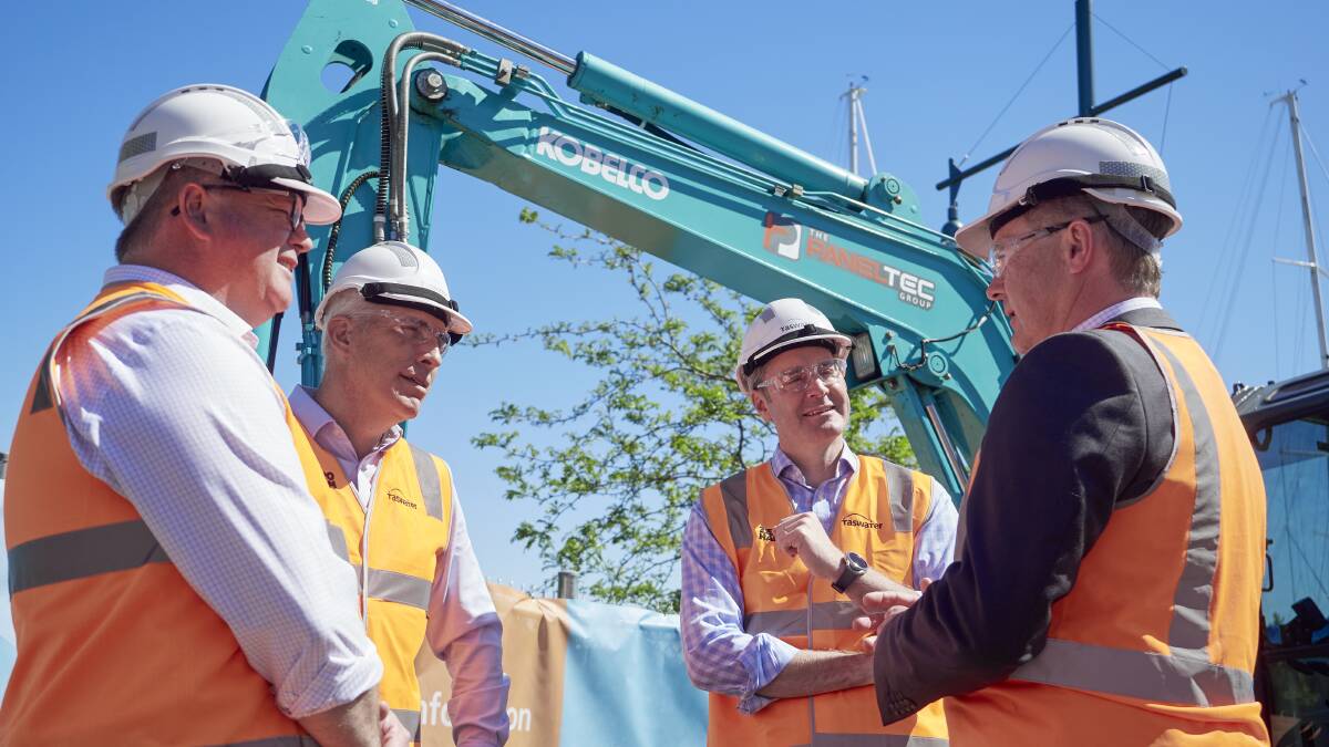 TasWater chief executive George Theo, Hon. Nick Duigan, Michael Ferguson MP and TasWater general manager project delivery Tony Willmott discuss Margaret street pump station redevelopment. Picture Rods Thompson