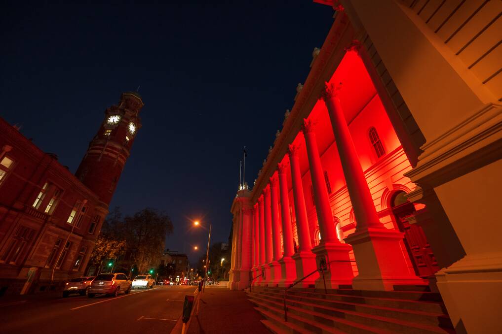 Launceston Town Hall is lit up red as part of a worldwide initiative to raise awareness for haemochromatosis. Picture by Phillip Biggs