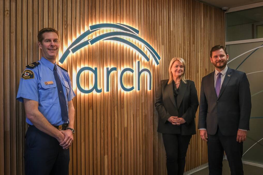Tasmania Police Assistant Commissioner Robert Blackwood and Minister for Women and the Prevention of Family Violence Madeleine Ogilvie and Minister for Police, Fire, and Emergency Management Felix Ellis at the Northern Arch Centre opening. Picture by Craig George