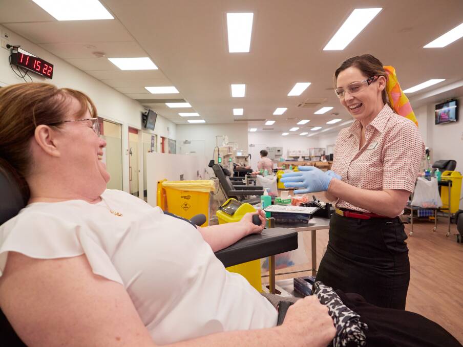 Donor Alison Flood and registered nurse Jenna Sommerville at the Launceston Lifeblood Donation Centre. Picture Rod Thompson