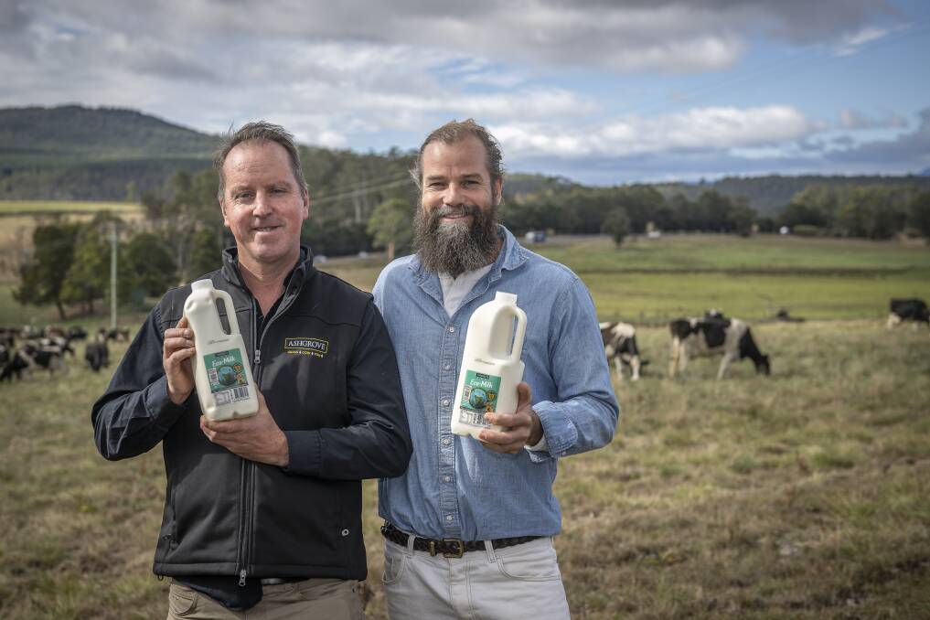Ashgrove managing director Richard Bennet and Sea Forest CEO Sam Elsom launch Ashgrove's climate-friendly milk. Picture by Craig George