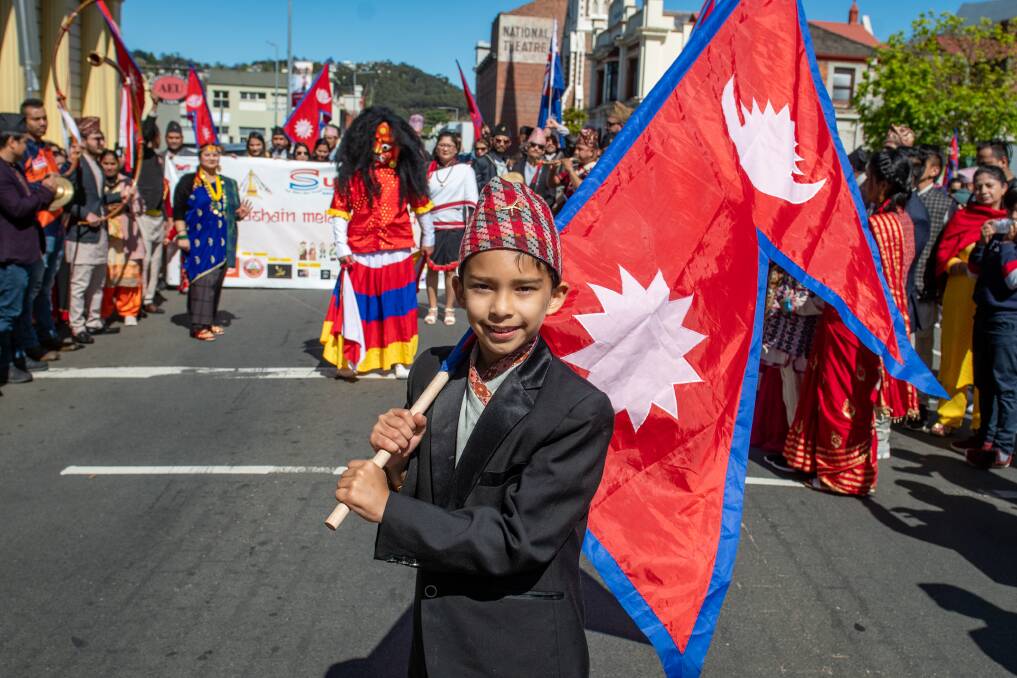 Adarsh Pathak (9) in front of the Nepalese Cultural Parade and Dashain celebration in Launceston, 2022. Picture by Paul Scambler