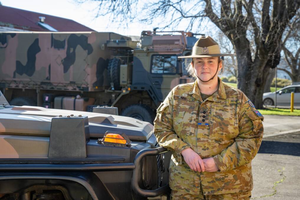 Australian Army Cadet Captain Jennifer Reid, a volunteer from 603 Army Cadet Unit Scottsdale, stands at the Patterson Barracks with her Gold commendation pin. Picture by Paul Scambler