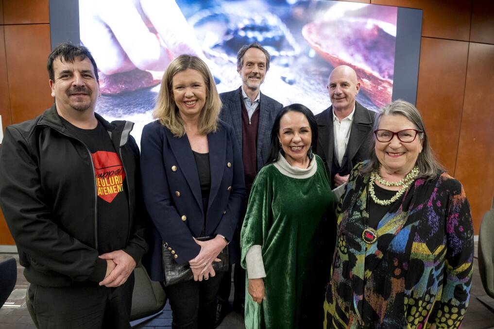Panelists local Indigenous leader Nick Cameron, Federal member for Bass Bridget Archer, moderator Rufus Black, Federal minister for Indigenous Australians Linda Burney and Aboriginal Elder Aunty Patsy Cameron. Picture Phillip Biggs