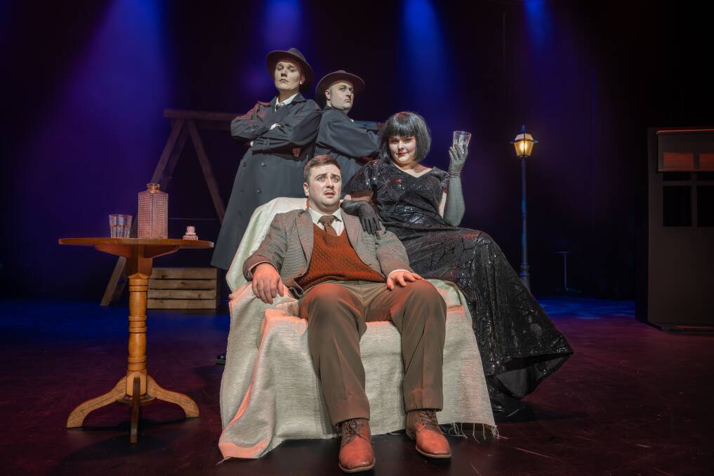 Actors Matt Harris, Jesse Apted, Aaron Beck and Ashley Eyles in a scene from The 39 Steps. Picture by Craig George