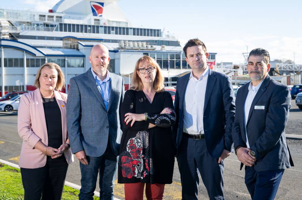 Labor MHAs Anita Dow and Shane Broad with Devonport mayor Alison Jarman, Labour Leader Dean Winter and Devonport Chamber of Commerce retail executive John Alexiou at Spirit of Tasmania terminal. Picture by Katri Strooband.