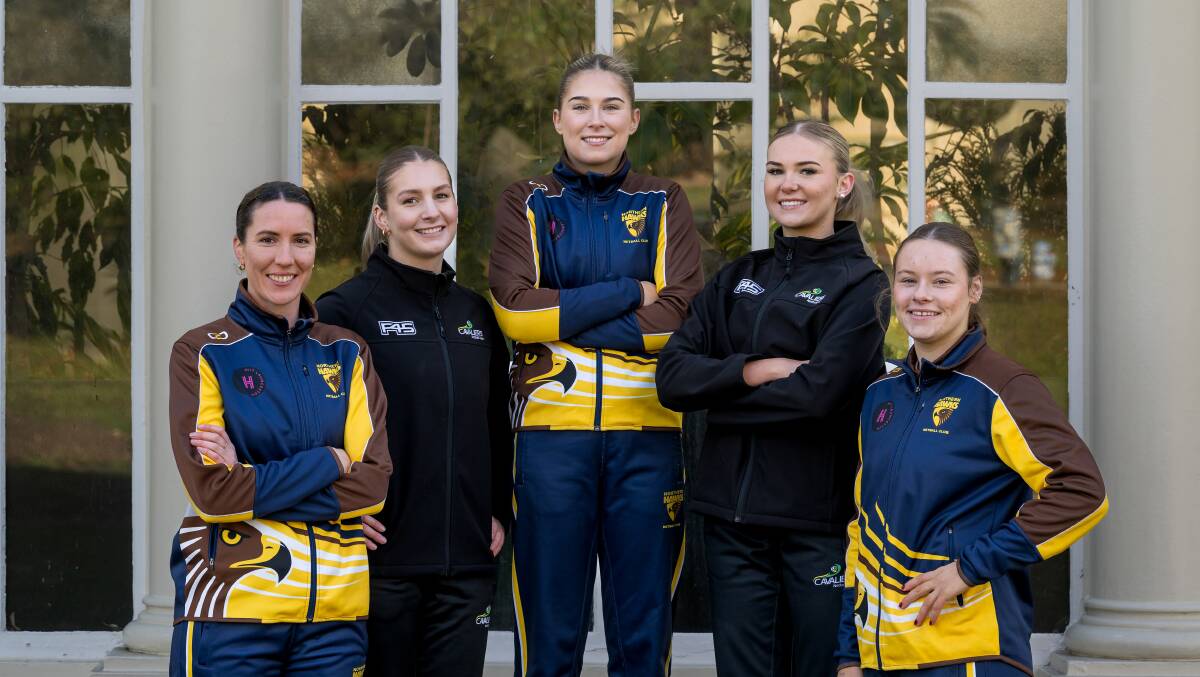 Northern Hawks and Cavaliers finished first and second in both Tasmanian Netball League grades. Pictured are Tessa Coote, Olivia Harman, Mia Boyd, Mia Green and Lily Humphreys. Pictures by Phillip Biggs