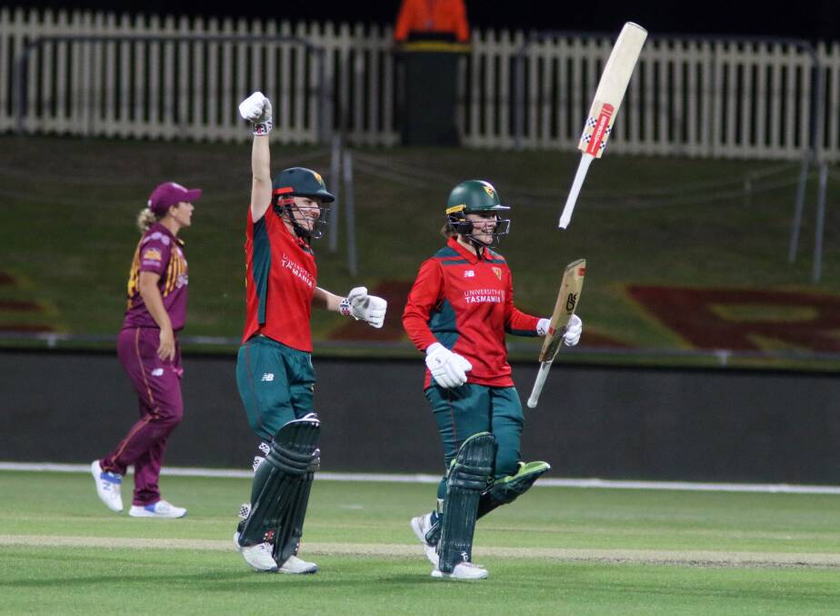 Nicola Carey and Emma Manix-Geeves after scoring the winning runs in the WNCL final against Queensland. Pictures by Rick Smith