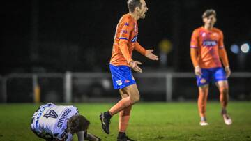 Riverside's Gedi Krusa is sent off for elbowing Launceston City's Jack Woodland in their NPL Tasmania Friday night Northern derby. Pictures by Craig George