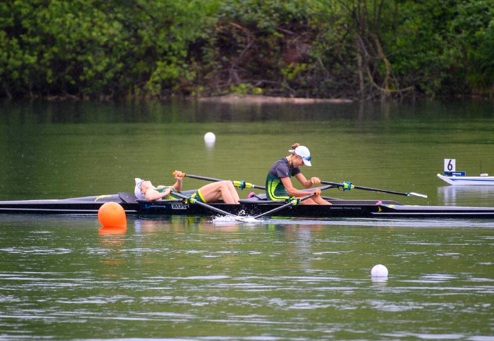 Anneka Reardon and Georgia Miansarow show their frustration after missing an Olympic berth by one place. Picture by Rowing Australia