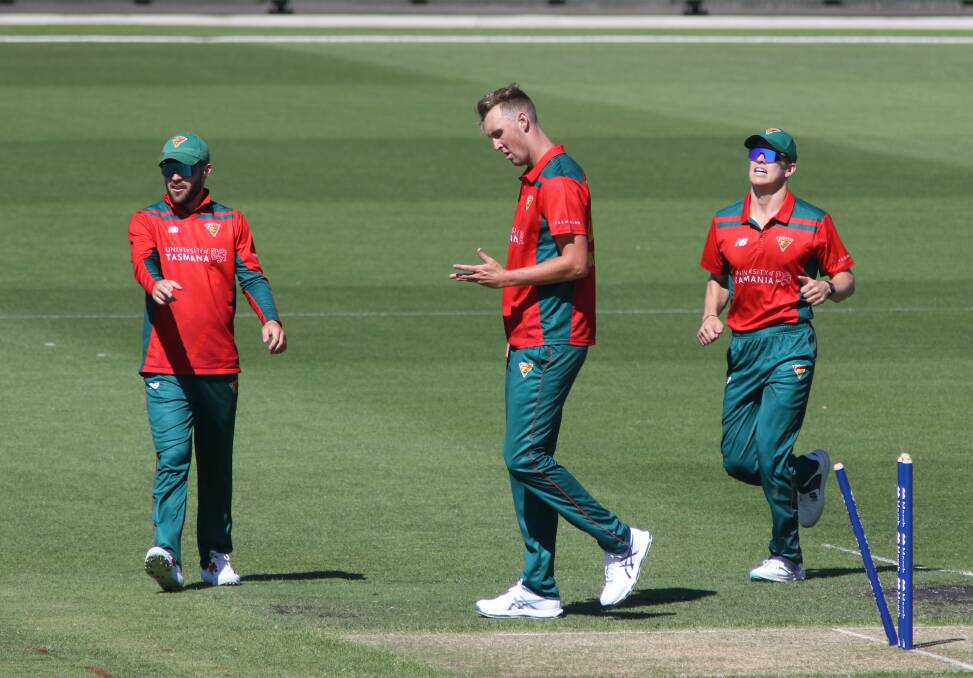Billy Stanlake takes a wicket for the Tasmanian Tigers. Picture by Rick Smith