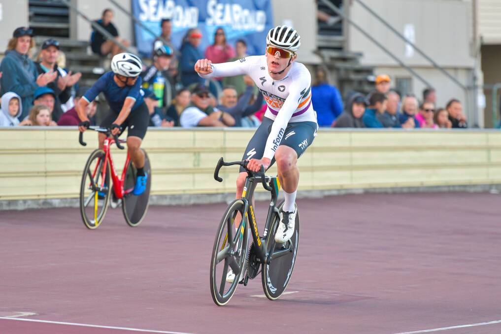 Josh Duffy wins the A-Grade scratch race at the Devonport Carnival earlier this week. Picture by Simon Sturzaker