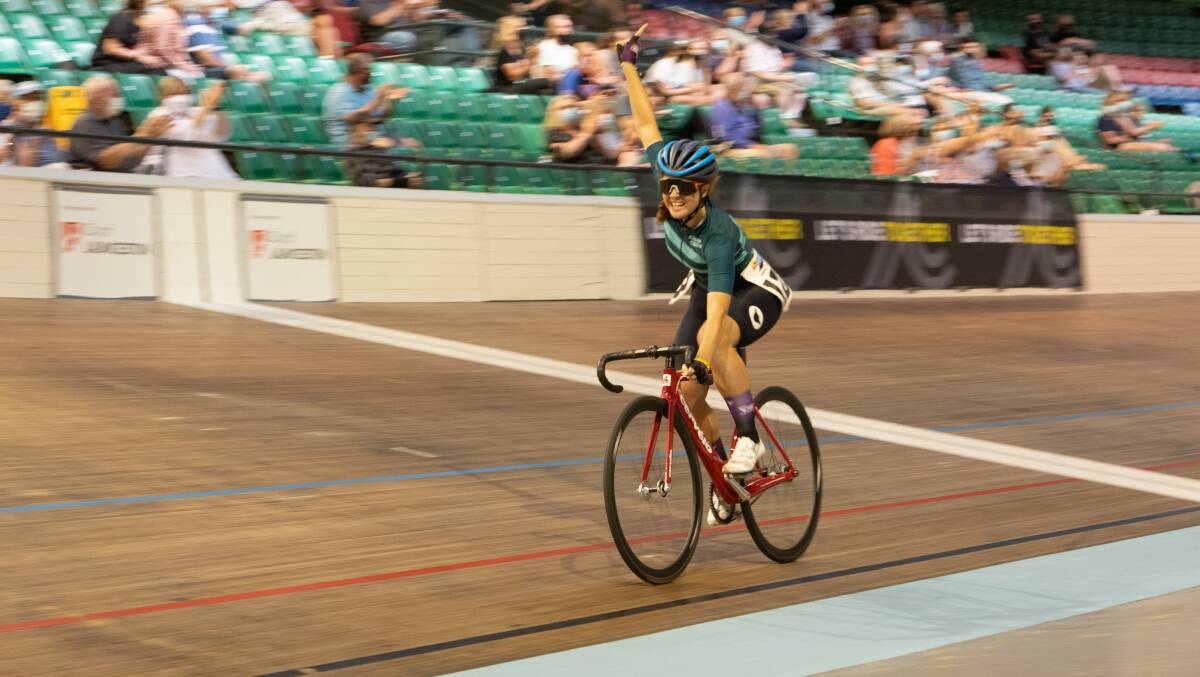 Felicity Wilson-Haffenden wins the 2021 Launceston Wheel at the Silverdome. Picture by Paul Scambler 