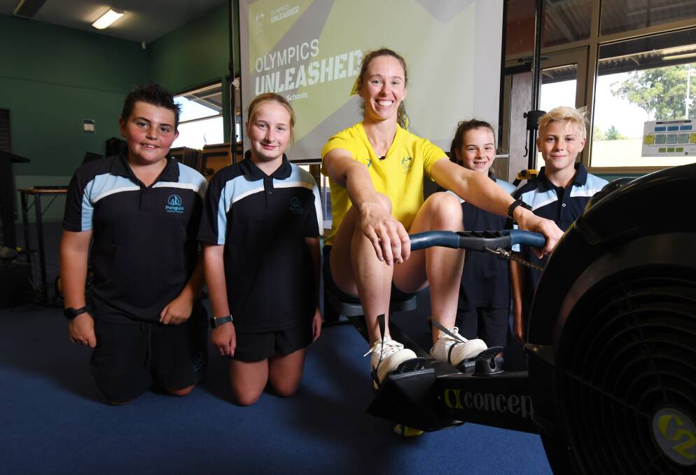 Tokyo Olympic rower Sarah Hawe on a visit to Penguin District School in 2022. Picture file