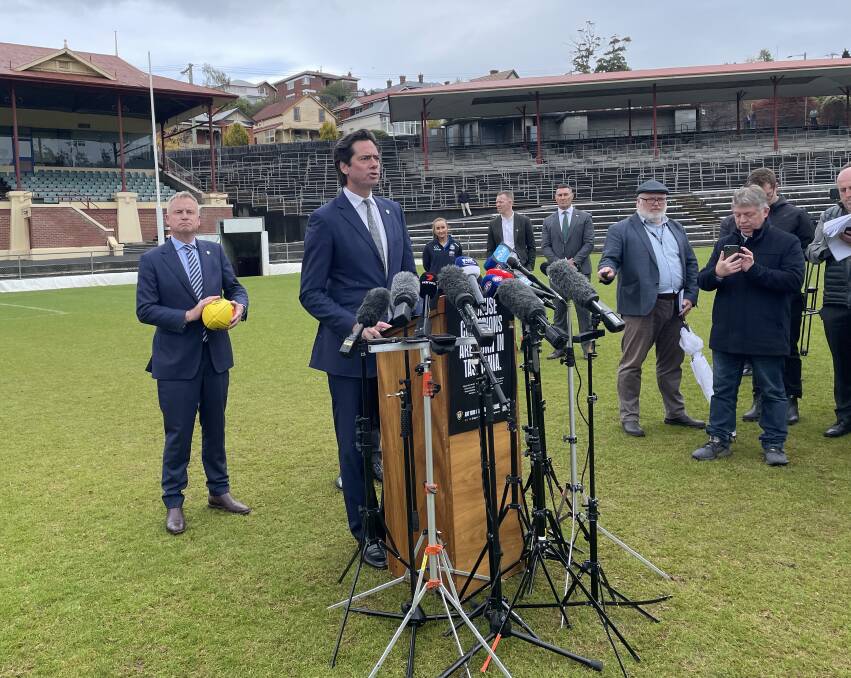 AFL chief executive Gillon McLachlan and Premier Jeremy Rockliff looking pleased with themselves after announcing the Tasmanian AFL team at North Hobart Oval in May 2023. Picture by Ben Seeder