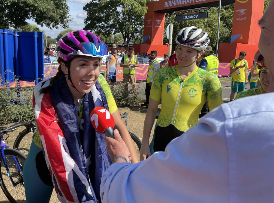 Georgia Baker interviewed by Mark Beretta after winning the road race at the 2022 Commonwealth Games in Birmingham. Picture: Tasmanian Institute of Sport