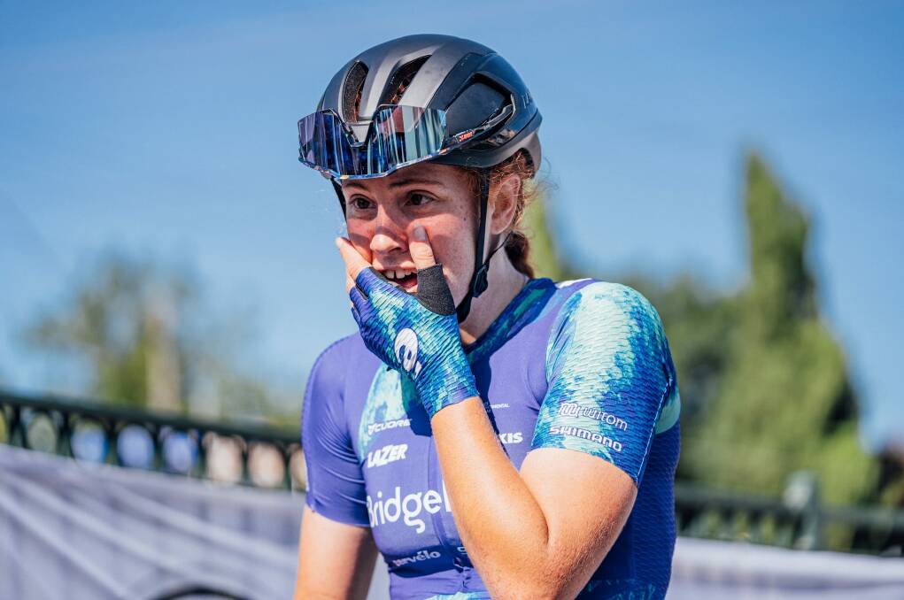 Felicity Wilson-Haffenden reacts after winning the junior road race at the Australian Road Cycling Championships in January. Picture by AusCycling	
