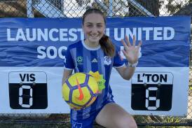 Hollie Jones celebrates her five goals in Launceston United's 6-0 win over Taroona. Picture by Rob Shaw