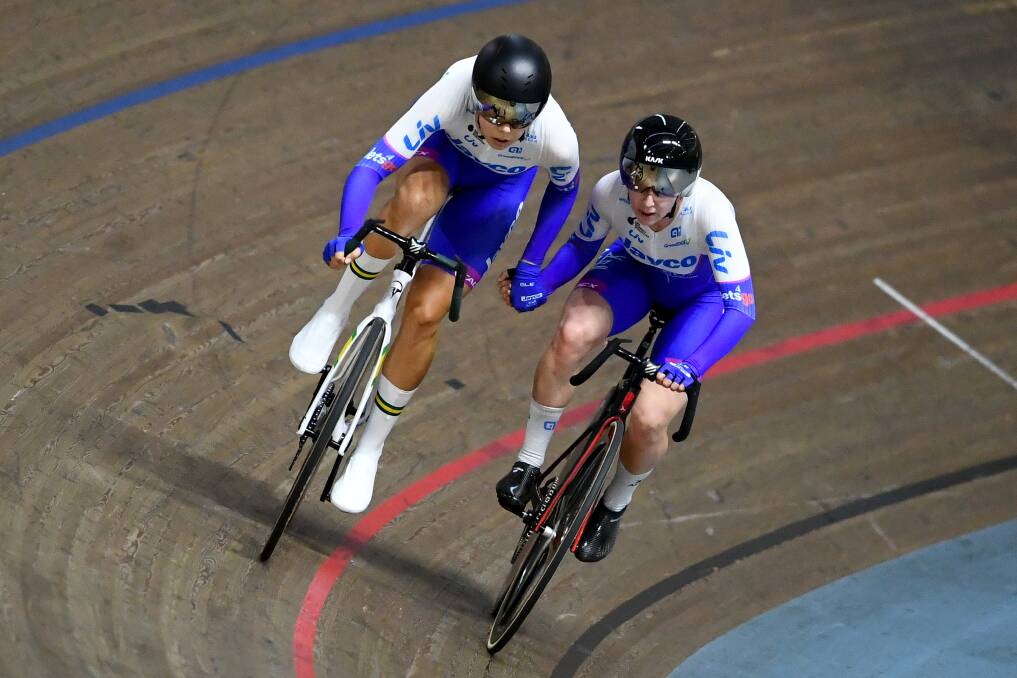 Georgia Baker and Alex Manly on their way to winning the national madison title in Melbourne at the weekend. Picture by Josh Chadwick