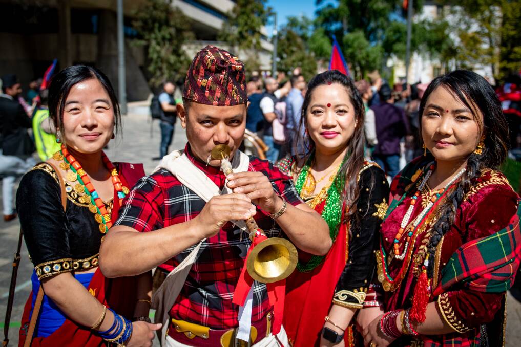 Mitra Gurung surrounded by Rupa Gurung, Kumari Gurung and Kriti Gurung at the Nepalese Cultural Parade & Dashain Mela in Launceston. Picture by Paul Scambler 