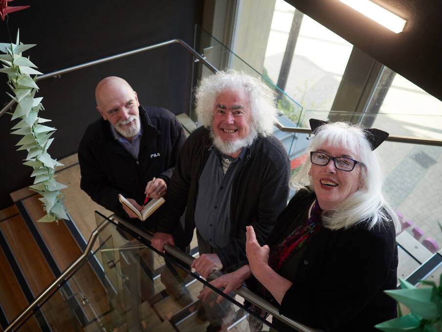Ralph Wessman, Colin Berry and Evie Wood for the Tasmanian Poetry festival preview Pic by Rod Thompson. 