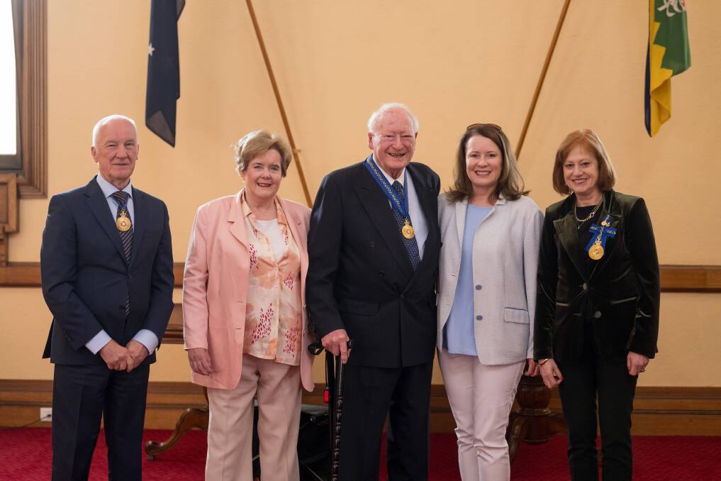 Don Chalmers AO, Judy Gray, Robin Gray, Nicola Parimucha and Governor of Tasmania Barbara Baker. Picture by Phillip Biggs
