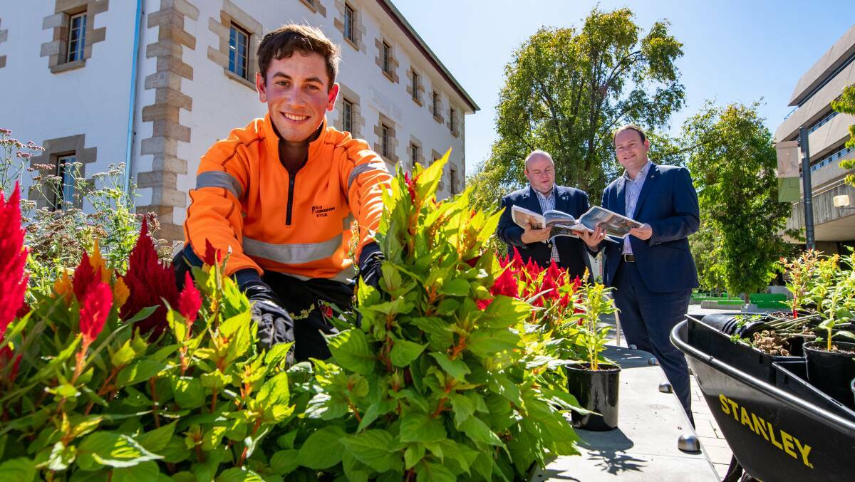 City of Launceston horticulturist Kyle Love in the garden in Civic Square with councillor Danny Gibson and Chamber of Commerce's Will Cassidy. Picture by Paul Scambler