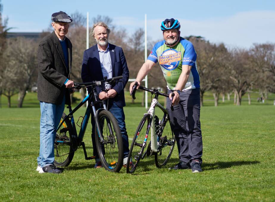 CLICK INTO GEAR: Sally's Rider David Smith, chair of the Sallys Ride committee Craig Perkins and Launceston City councillor Alan Harris ahead of the fundraising cycling event. Picture by Rod Thompson