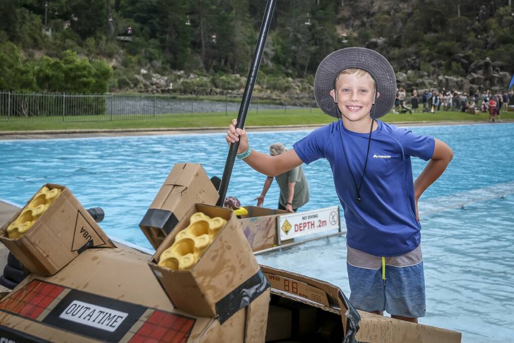 Ollie Reid, 10, from Riverdsale and his Delorean MkII boat after winning his event. at Youngtown Rotary's Soggy Bottom Regatta. Picture by Craig George