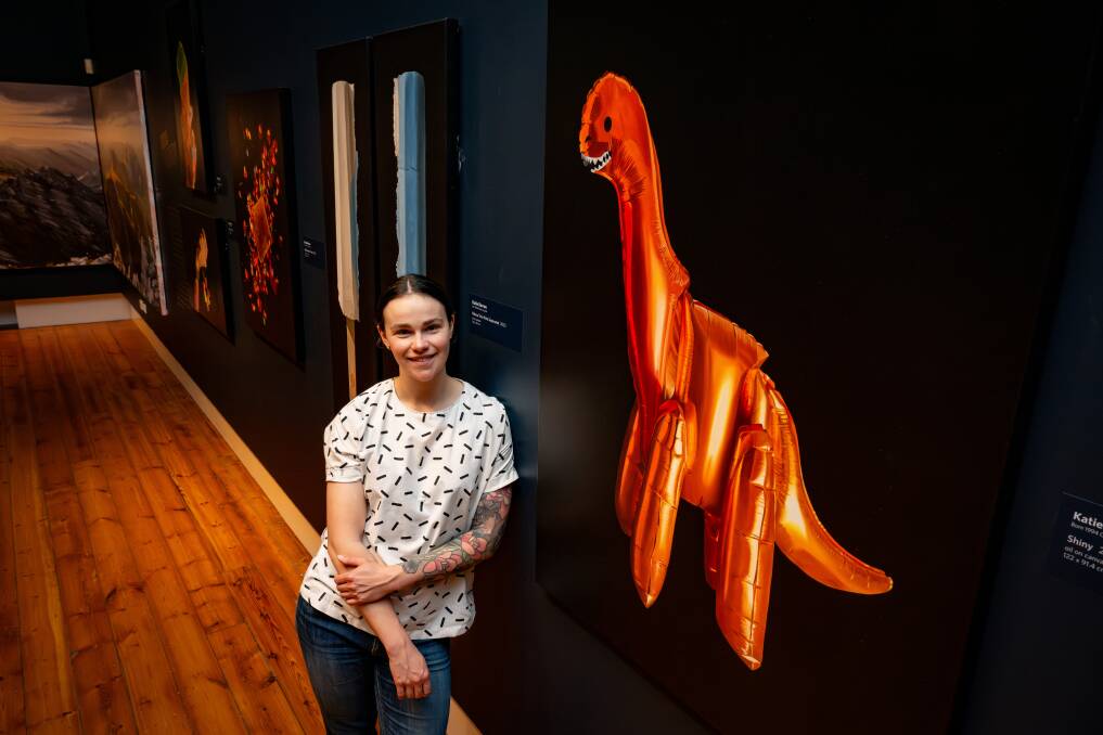 Tasmanian artist Katie Barron at Launceston's Queen Victoria Art Gallery at Royal Park, with her work. Picture by Paul Scambler 