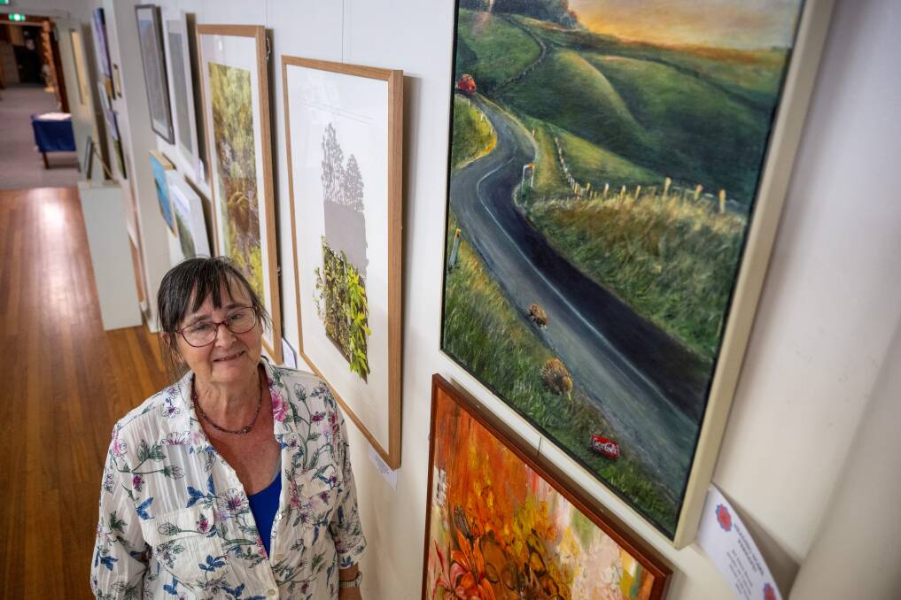 Artist Edna Broad with her artowkr, 'Heading Home Perhaps?', at The Launceston Art Society's first exhibition of the year, 'Imagine'. Picture by Paul Scambler