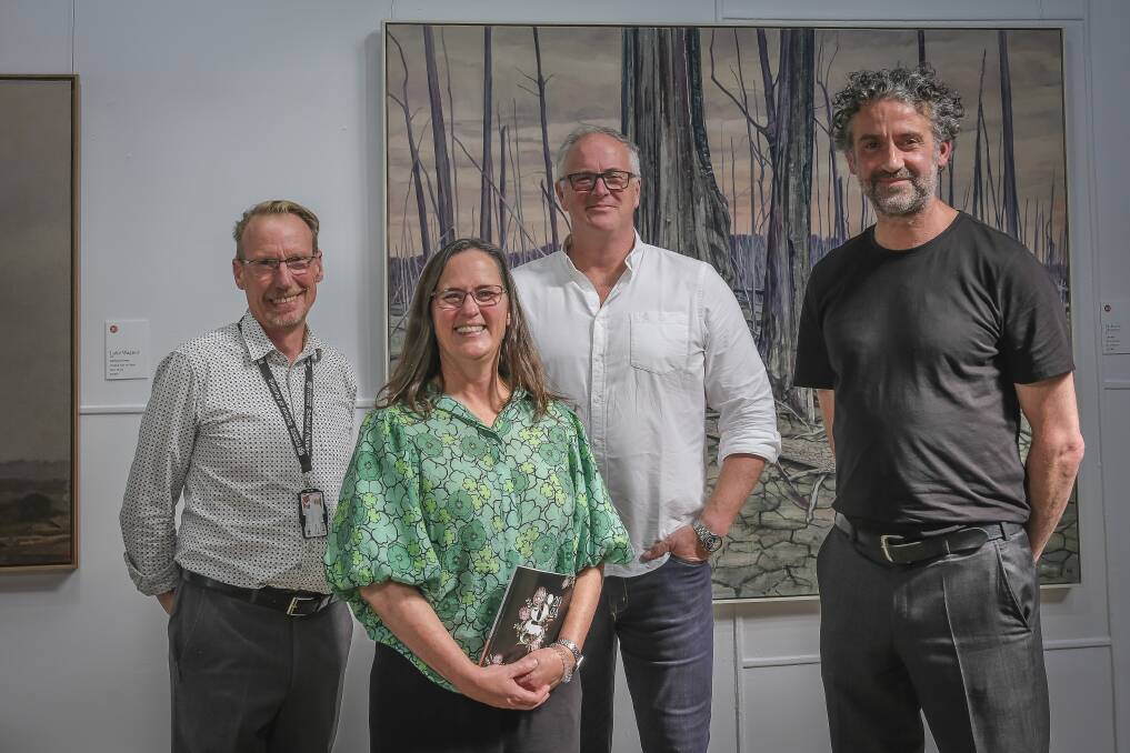 Glover Art Prize judges Malcom Bywaters, Mary Mulcahy, Ralph Hobbs and artist Nicholas Blowers, winner of the 2024 Glover Art Prize. Picture by Craig George