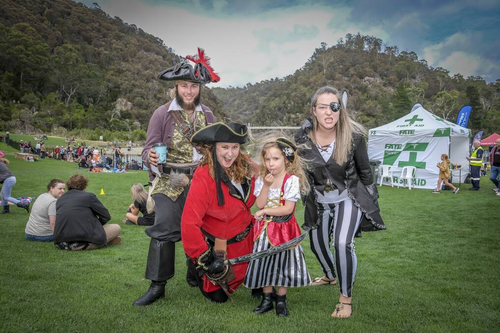 Captain John Morning Star, Rosie the Ruthless, Tracy Rattlebones, 5, Betty Tuna Breath and Polly the Pirate at Youngtown Rotary's Soggy Bottom Regatta at The Basin, Cataract Gorge. Picture by Craig George