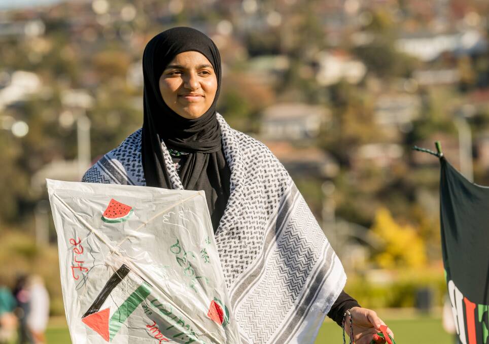 Launceston student Aysha Mohamed, 16, spoke at the 'Kites for Gaza' event held at Riverbend Park, May 25. Picture by Phillip Biggs