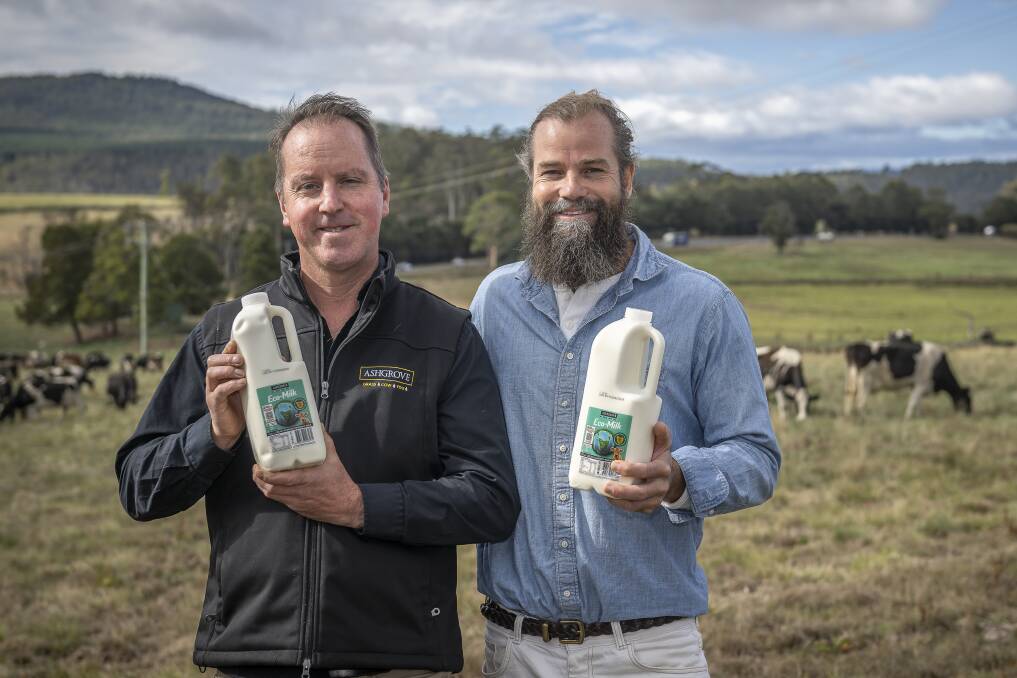 Ashgrove managing director Richard Bennet and SeaForest CEO Sam Elsom launching climate-friendly milk. Picture by Craig George