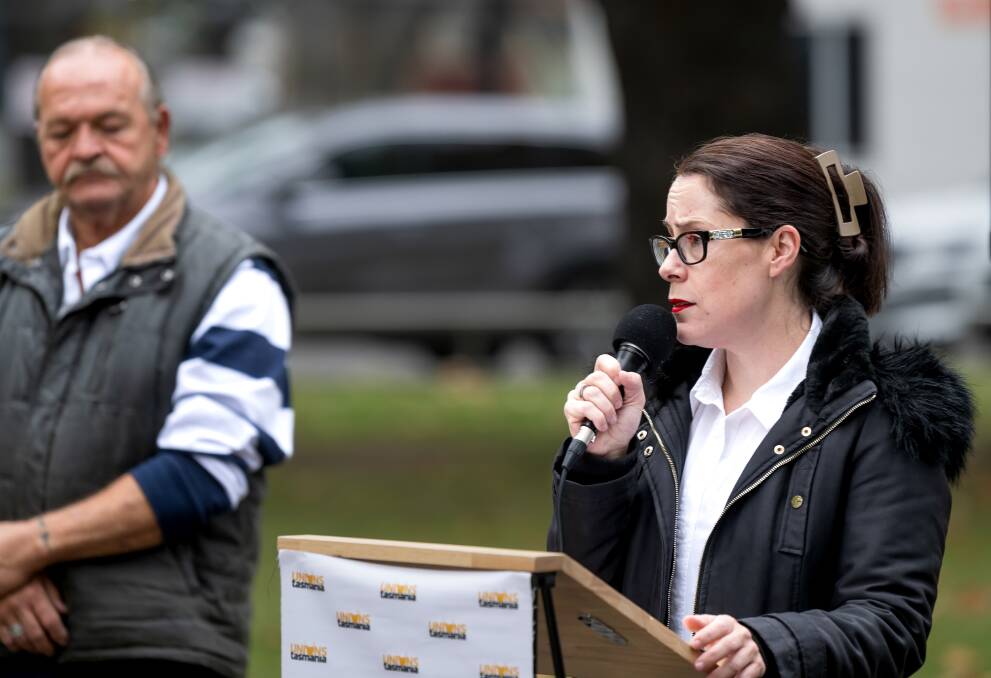 Unions Tasmania secretary Jessica Munday spoke at the Workers' Remembrance Day service, April 28. Guy Hudson, pictured left, also spoke. Picture by Phillip Biggs 