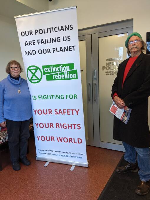 Dr Bell and Mrs Staley before being arrested at Senator Helen Polley's office. Picture supplied. 