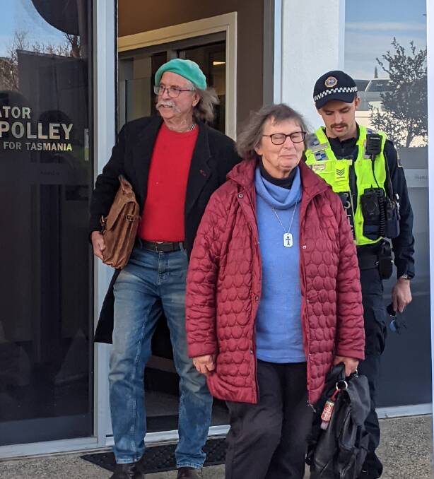 Scott Bell and Sally Staley arrested at Senator Helen Polley's office. Picture supplied.