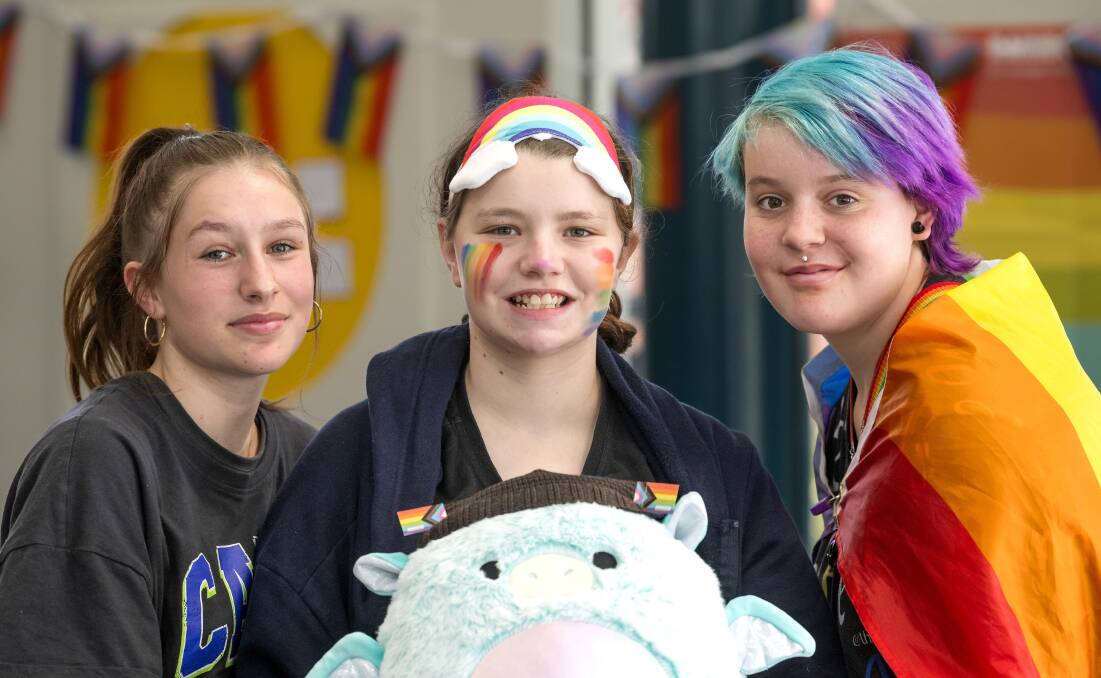 Nartarsha Taylor-Harris, Chloe Cooper, Ryli Lee at Newstead College celebrating IDAHOBIT Day. Picture by Phillip Biggs