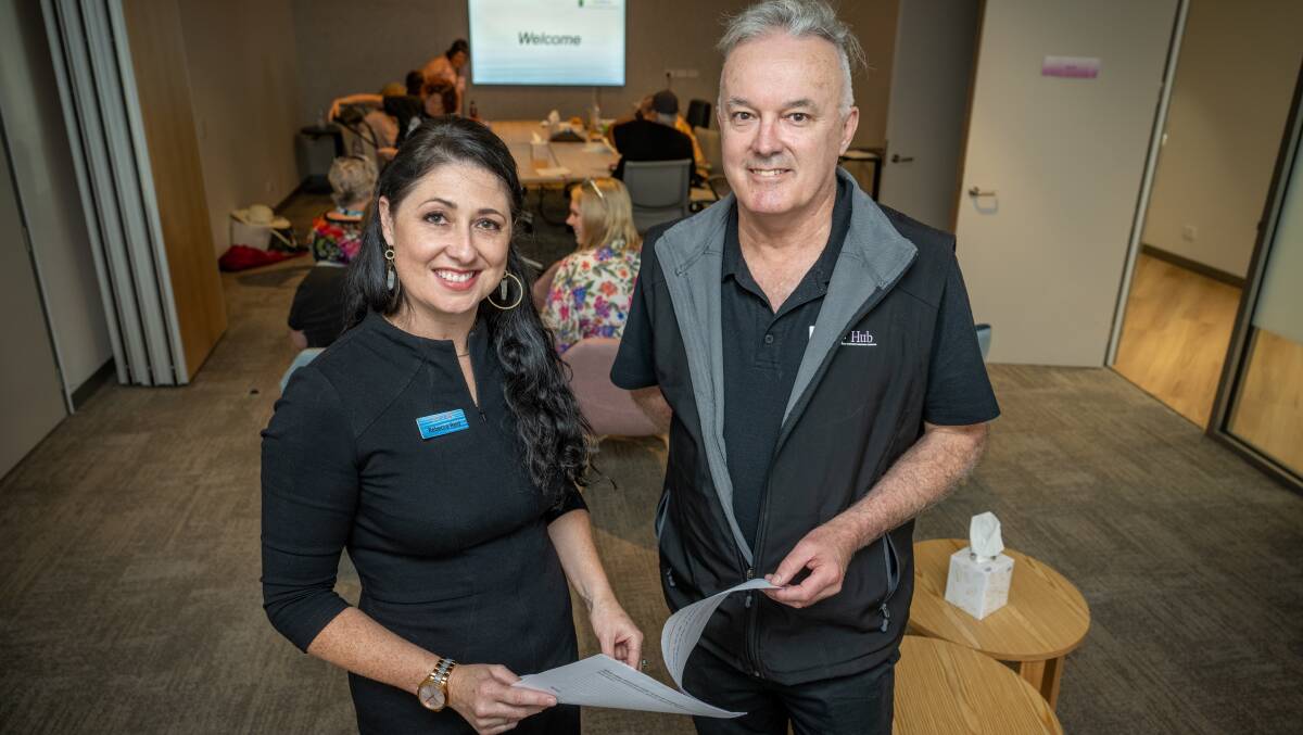 Mental health nurse Rebecca Reid with Kentish Regional Clinic and family and carer support worker for Head to Health John Findlay, at the self-care and well-being workshops at Launceston's Head to Health. Picture by Paul Scambler 